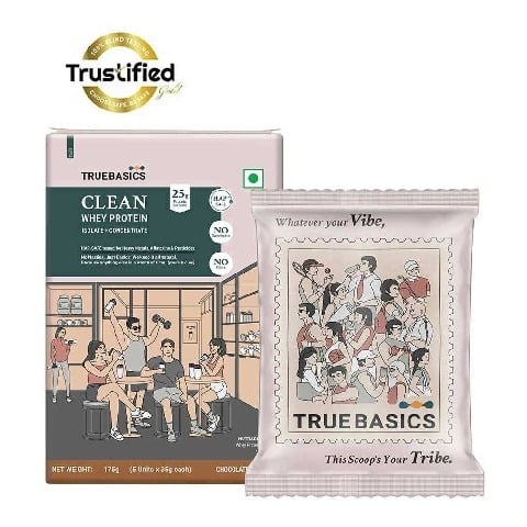 3 - TrueBasics Clean Whey Protein (Isolate + Concentrate) OP, 0.39 lb Chocolate Pack of 5 (35 g x 5)