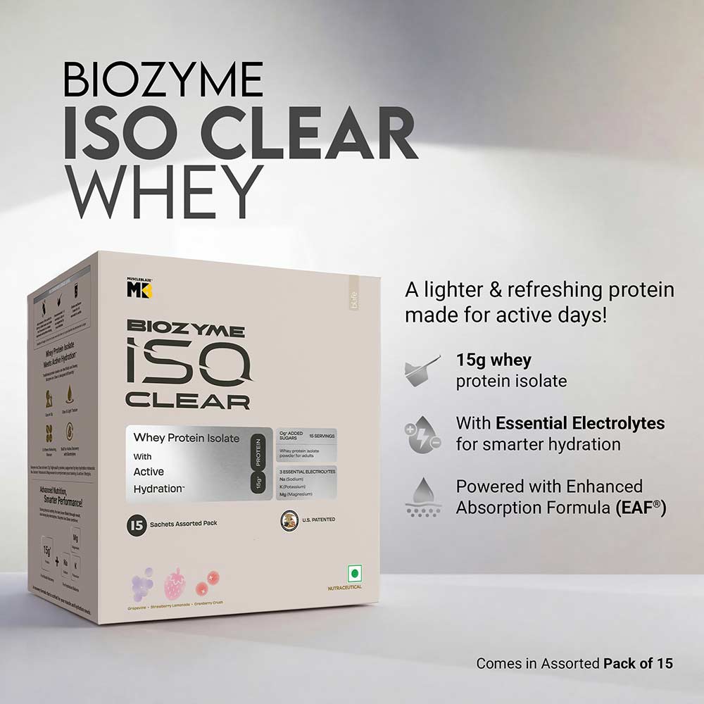 1 - MuscleBlaze Biozyme Clear Whey Isolate,  0.694 lb  Strawberry Lemonade, Grapevine, Cranberry Crush, Assorted Pack of 15 (21g*15)