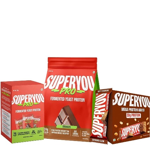 1 - Superyou Pro Fermented Yeast Protein & Mega Protein Wafer Combo,  2.2 lb  Chocolate, 0.63lb Assorted, 6 Bars Nutty Chocolate 
