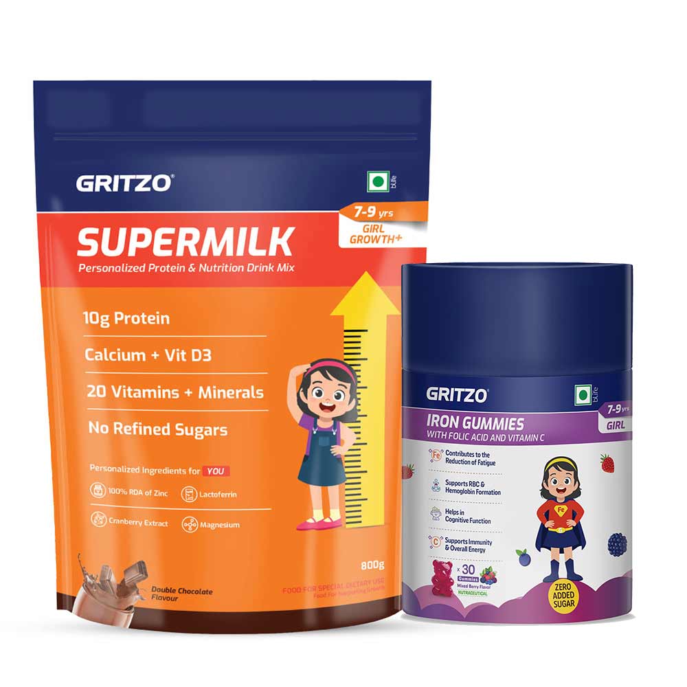 Supermilk Growth+ 800g Double Chocolate for 7 to 9 Yrs Girl & Iron Gummies Combo