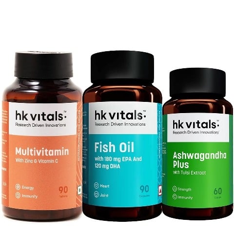 HealthKart HK Vitals Ashwagandha 60 Tabs & Multivitamin 90 Tabs & Fish Oil 90 Caps Combo