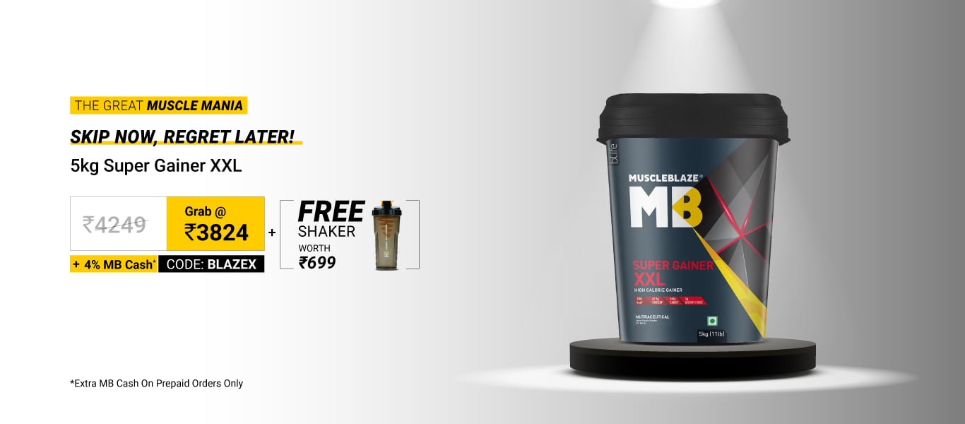 MuscleBlaze Super Gainer XXL Weight Gainer 5 kg Chocolate @ 3824 using BLAZEX + Free SHaker + 4% MB Cash