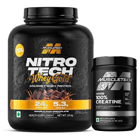1 - MuscleTech Nitrotech 100% Whey Gold 4 lb Double Rich Chocolate (India) & Platinum 100% Creatine Combo, 0.55 lb Unflavoured