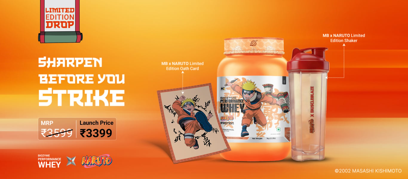 MuscleBlaze Biozyme Performance Whey 1 kg Rich Chocolate - Special Naruto Edition @ 3399 + Naruto Edition Shaker & Oath Card