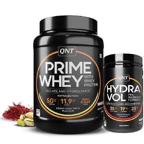 1 - QNT Prime Whey 2.2 lb Kesar Kaju Pista with Hydra Vol Pre Workout Combo, 0.88 lb Fruit Punch