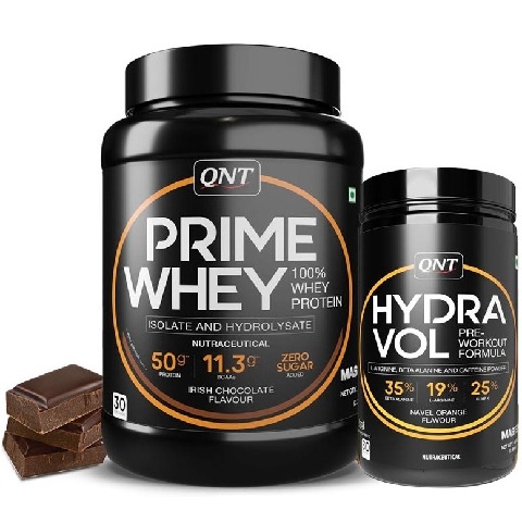 1 - QNT Prime Whey 2.2 lb Irish Chocolate with Hydra Vol Pre Workout Combo,  0.88 lb  Navel Orange 