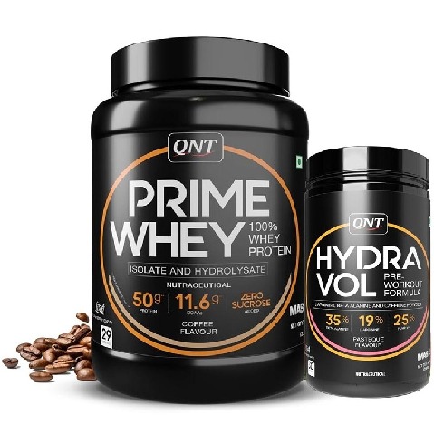 1 - QNT Prime Whey 2.2 lb Coffee with Hydra Vol Pre Workout Combo, 0.88 lb Pasteque