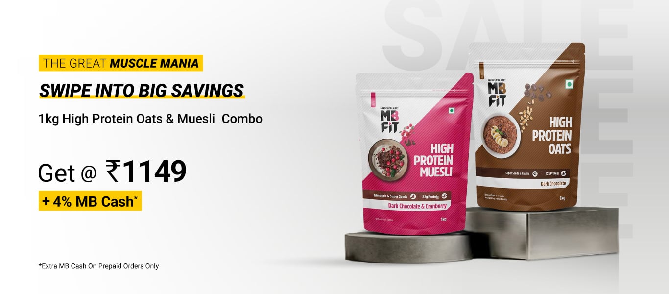 High Protein Oats Dark Chocolate & High Protein Muesli Dark Chocolate & Cranberry 1 kg Combo @ 1149 + 4% MB Cash