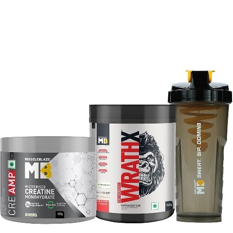 MuscleBlaze Pre Workout WrathX & Creatine Monohydrate CreAMP 0.22 lb & Shaker Combo