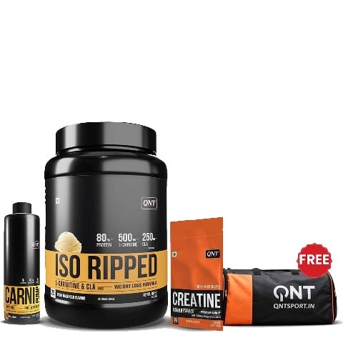 QNT ISO Ripped, Carnipump Ripping Pre-workout 500ml Navel Orange & Creatine Monohydrate Unflavoured 0.198 lb Combo, 4.4 lb Cafe Bevarabia