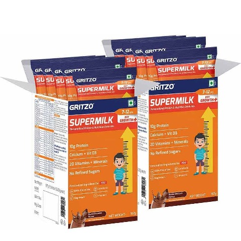 20 - Supermilk Gritzo Growth+ for Boy 7 to 12 years,  333 g  Double Chocolate (Pack of 10) 