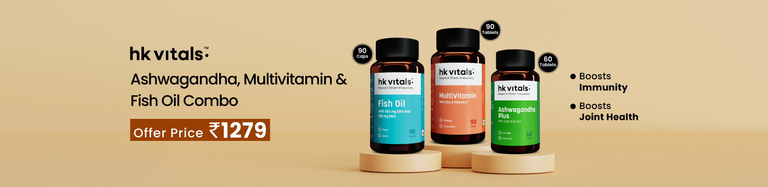 HealthKart HK Vitals Ashwagandha 60 Tabs & Multivitamin 90 Tabs & Fish Oil 90 Caps Combo | Offer Price - 1279
