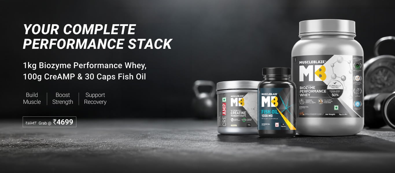 Biozyme Performance Whey 1 kg Chocolate Hazelnut & Creatine Monohydrate CreAMP 100g & Fish Oil 30 Caps Combo @ 4699