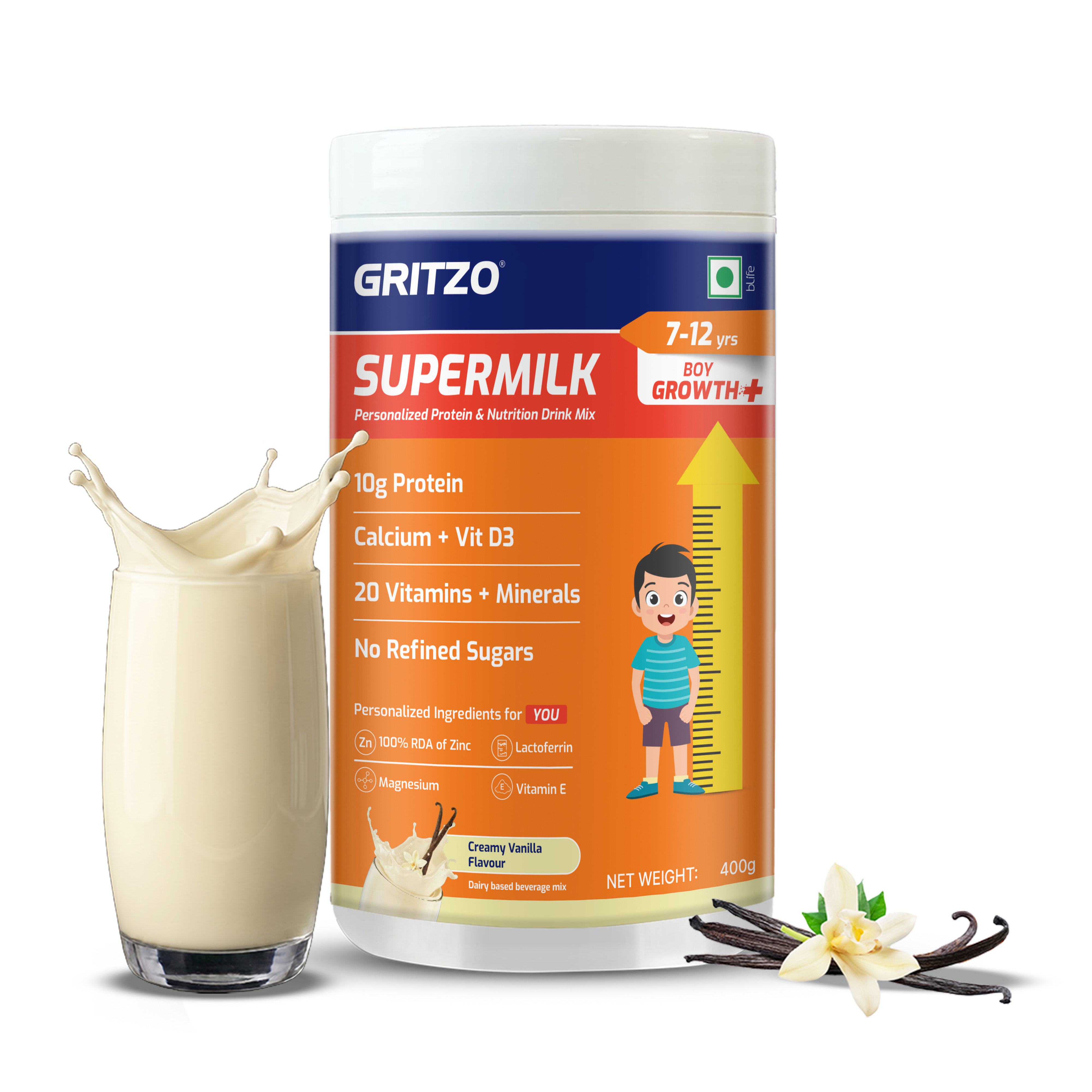 4 - Supermilk Growth+ for Boy 7 to 12 years, 400 g Creamy Vanilla 7-12 Yrs Boy Growth+ With Unrefined Sugar
