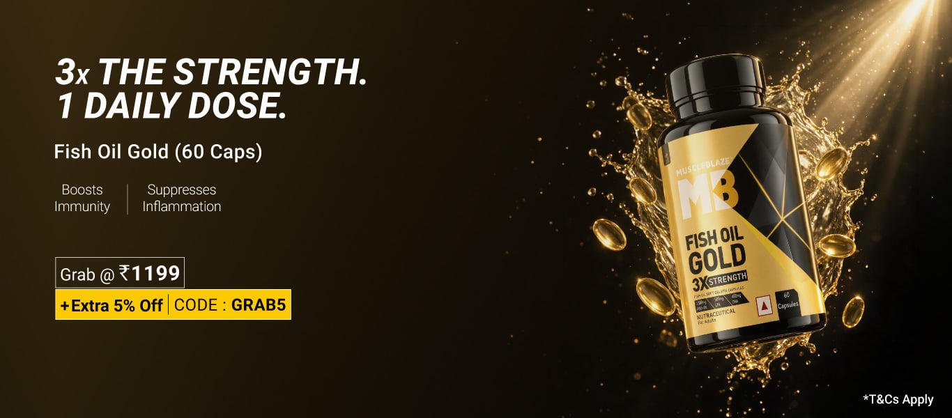 MuscleBlaze Omega 3 Fish Oil Gold 3x Triple Strength (EPA & DHA) 60 capsules @ 1199 + Extra 5% Off, Code: GRAB5