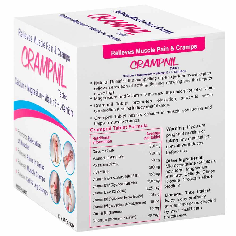 benefits - West Coast Crampnil Calcium + Magnesium + Vitamin E + L Carnitine,  10 tablet(s) 