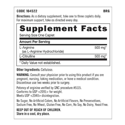 Gnc L Arginine L Citrulline 120 Caplets 120 Servings