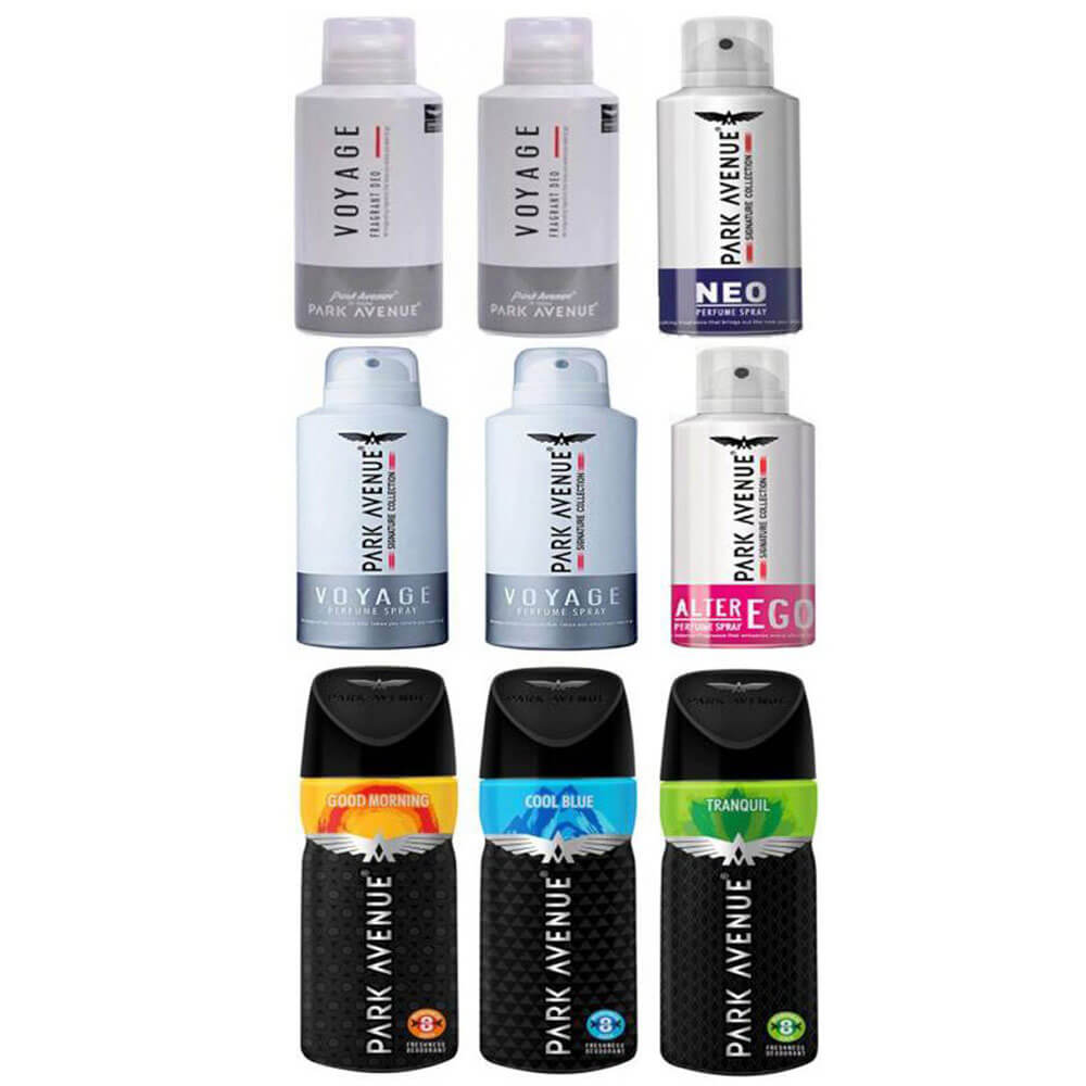 Park Avenue 4 Voyage Alter Ego Neo Gm Cb and Tranquil Deodorant Spray Combo,  9 Piece(s)/Pack  for Men 