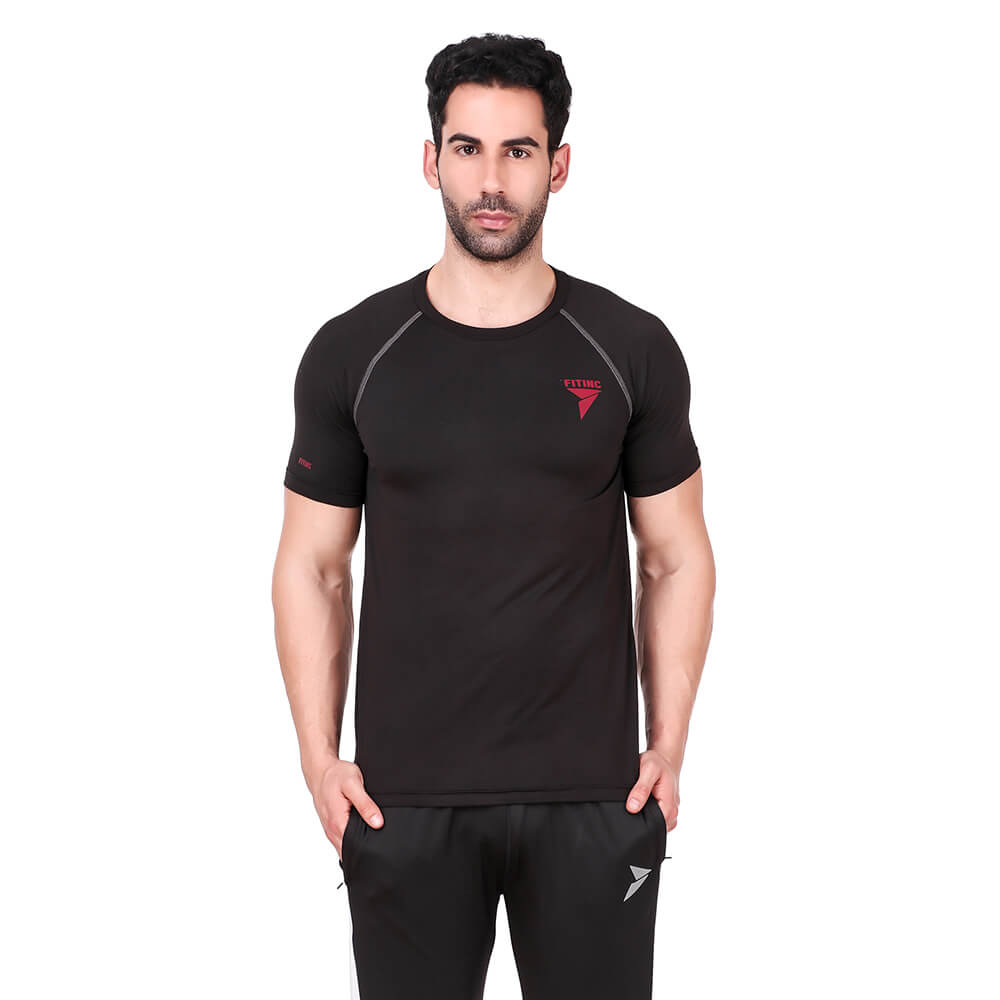 1 - Fitinc Round Neck Gym T Shirt,  Black  Small 