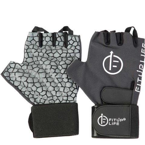 1 - Fitup Life Gym Gloves with Adjustable Velcro Strap & Web Leather Padding,  Black with Grey  Medium 