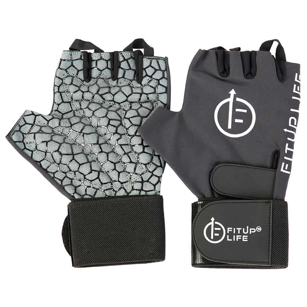 1 - Fitup Life Gym Gloves with Adjustable Velcro Strap & Web Leather Padding,  Black with Grey  Medium 