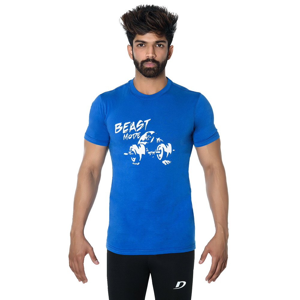 1 - DK Active Wear Half Sleeve Gym T Shirt (Beast Mode),  Royal Blue and White  Small 