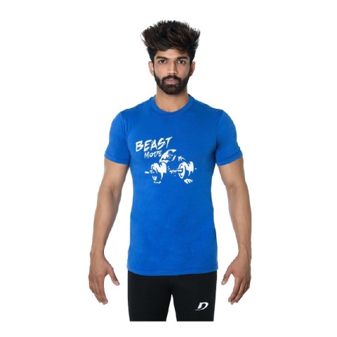 1 - DK Active Wear Half Sleeve Gym T Shirt (Beast Mode),  Royal Blue and White  XL 