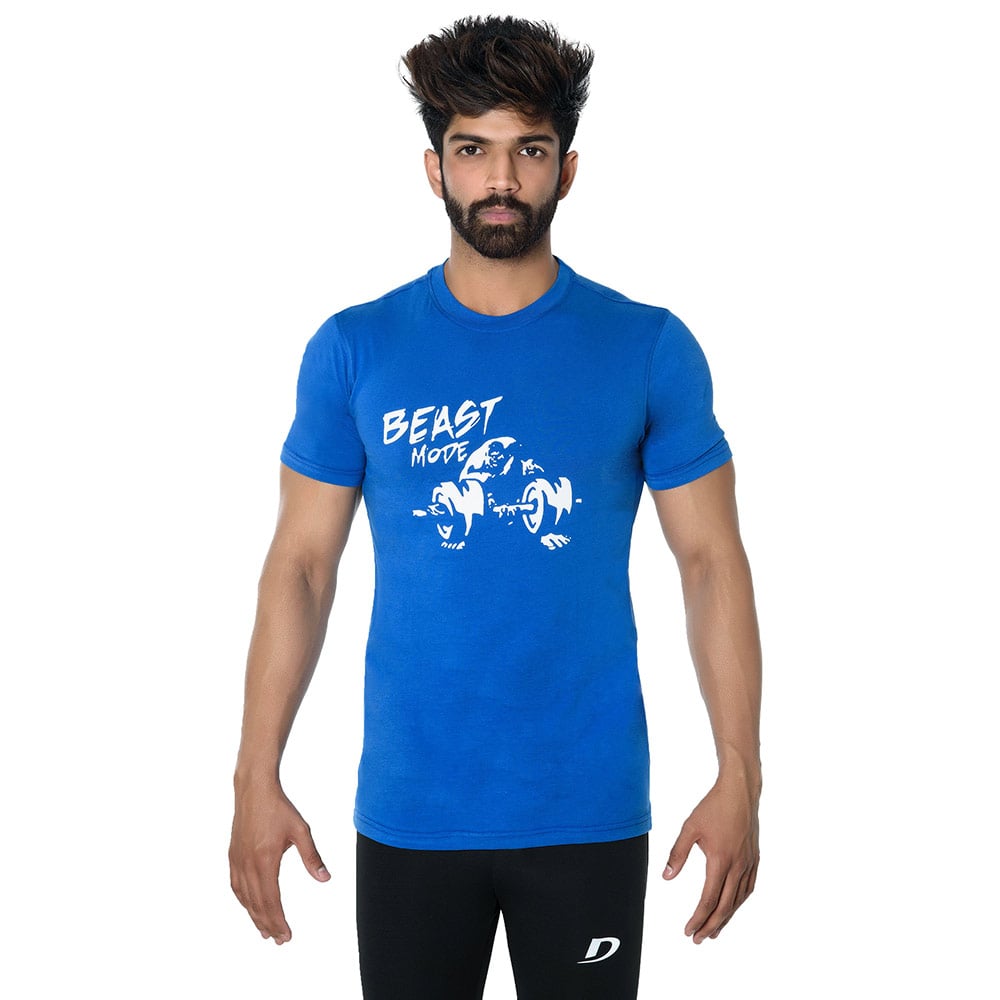 1 - DK Active Wear Half Sleeve Gym T Shirt (Beast Mode),  Royal Blue and White  XXL 