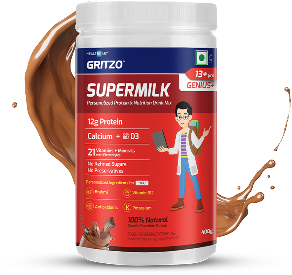 Gritzo SuperMilk Genius for 13+ Yrs Personalized Protein & Nutrition Drink Mix, 400 g Double Chocolate 13+ Yrs Boy/Girl Memory Focus