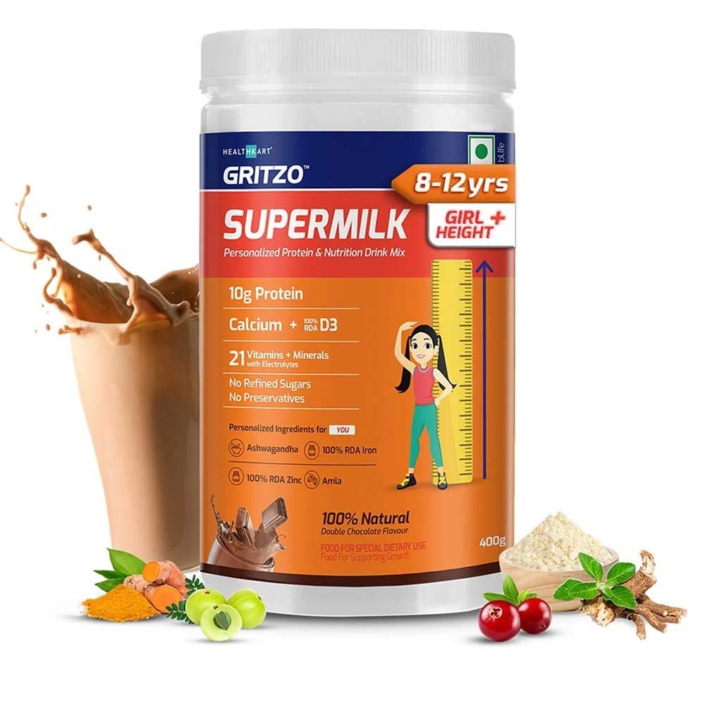 7 - Supermilk Height+ for 8-12 Yrs Girls Personalized Protein & Nutrition Drink Mix Powder,  400 g  Double Chocolate 