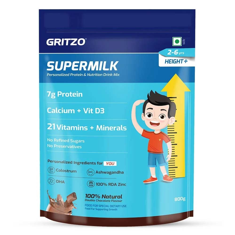 2 - Gritzo SuperMilk Height+ for 2-6 Yrs Personalized Protein & Nutrition Drink Mix OP, 1 kg Double Chocolate