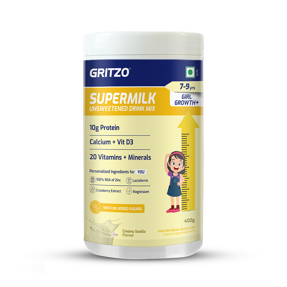 Supermilk Growth+(Height+) Unsweetened for Girl 7 to 9 Years, 400 g Vanilla (Unsweetened) 7-9 Yrs Girl Growth+(Formerly Height+) No Added Sugar