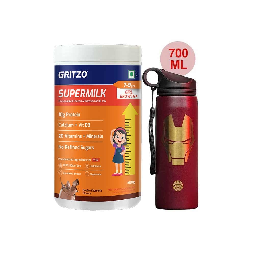 Supermilk Growth+ for Girl 7 to 9 Yrs 400g and 700ml Iron Man Sipper Combo