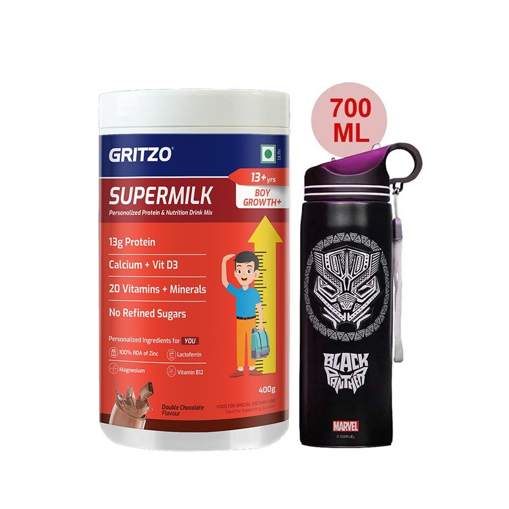 Supermilk Growth+ for Boy 13+ Yrs 400g Double Chocolate and 700ml Black Panther Sipper Combo