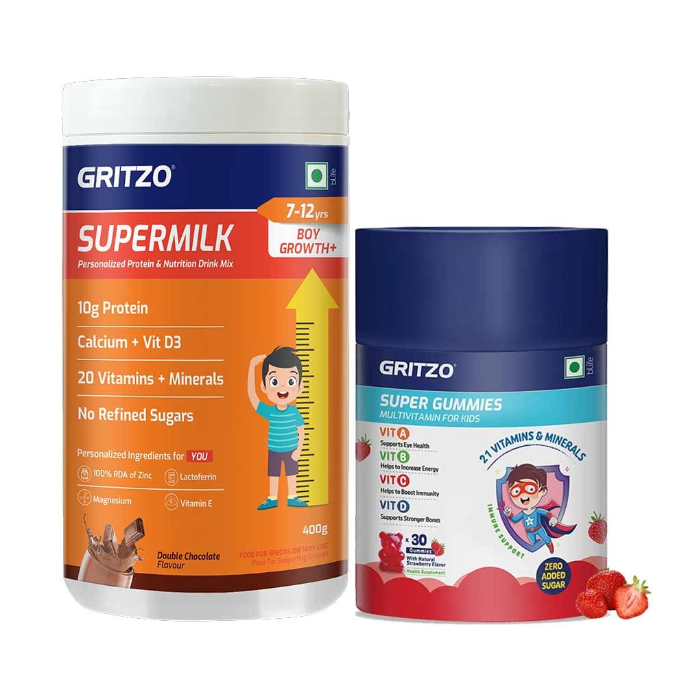 Gritzo SuperMilk Growth+ for 7-12 Yrs Boy 400 g Double Chocolate & Gummies Multivitamin Combo
