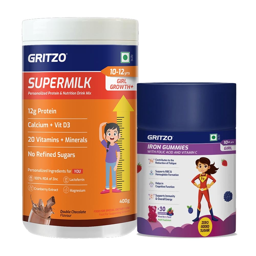 Supermilk Growth+ 400g Double Chocolate for 10 to 12 Yrs Girl & Iron Gummies Combo