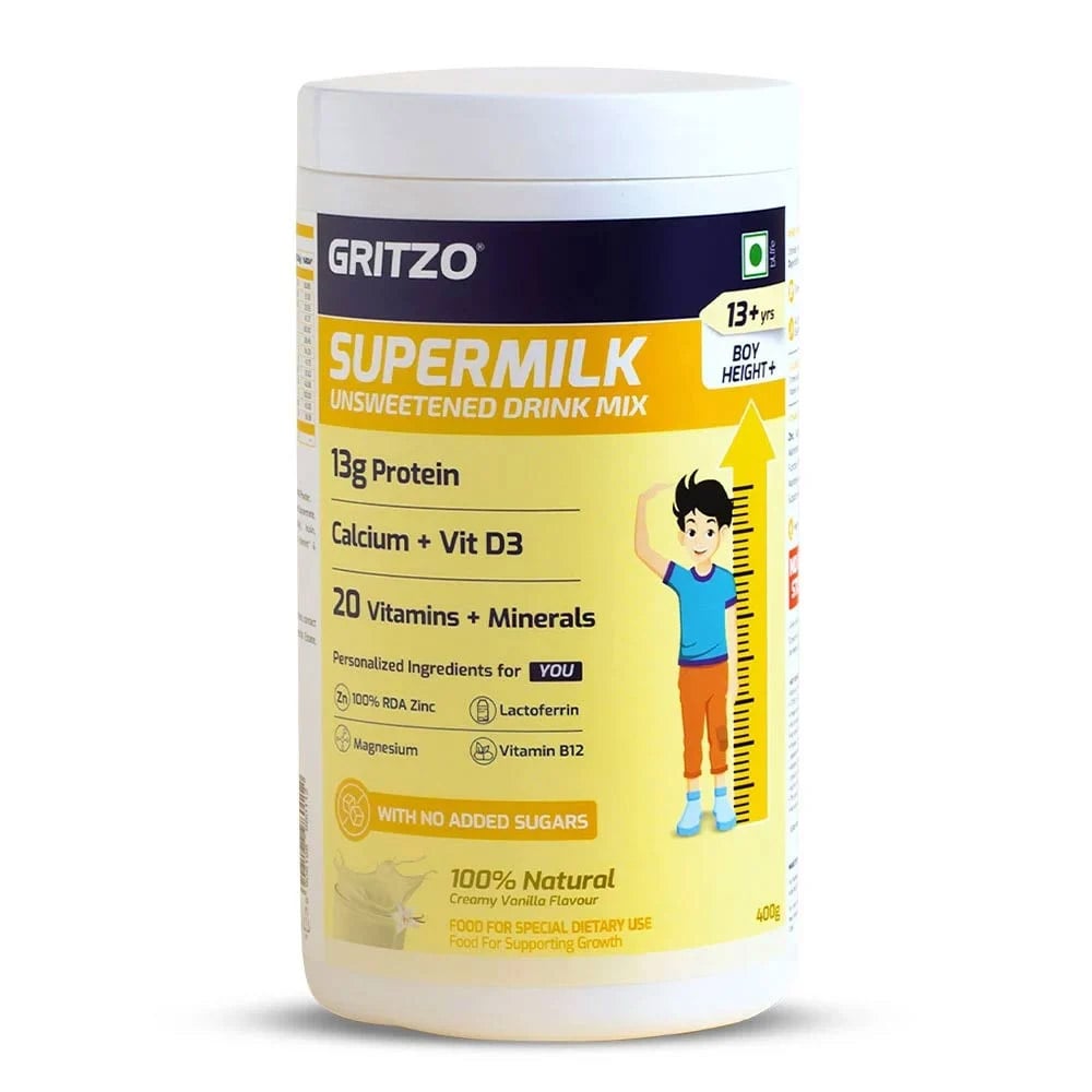 1 - Supermilk Height+ Unsweetened for Boy 13+ Years OP, 400 g Creamy Vanilla 13+ Yrs Boy Height+ No Refined Sugar