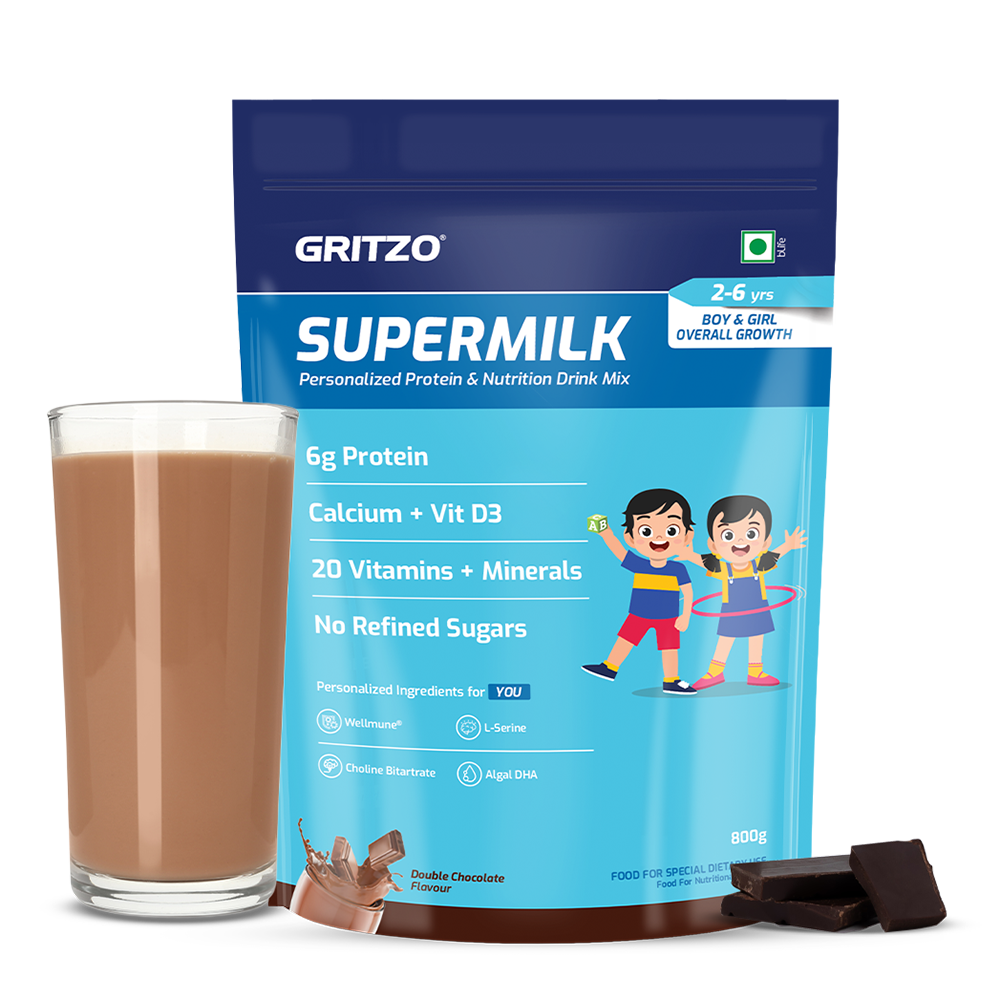 1 - Supermilk Overall Growth for Boy/Girl 2 to 6 years,  800 g  Double Chocolate  2-6 Yrs  Boy/Girl  Overall Growth  With Unrefined Sugar 