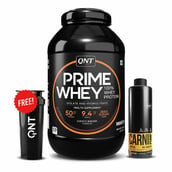 1 - QNT Prime Whey, Carnipump Ripping Pre-workout 500 ml Navel Orange & Plastic Protein Shaker Black 700ml Combo,  4.4 lb  Choco Badam 