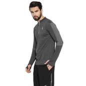 3 - Campus Sutra Striped Men Mandarin Collar T Shirt,  Grey & Black  Large 