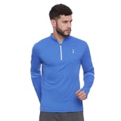 1 - Campus Sutra Striped Men Mandarin Collar T Shirt,  Blue  Large 