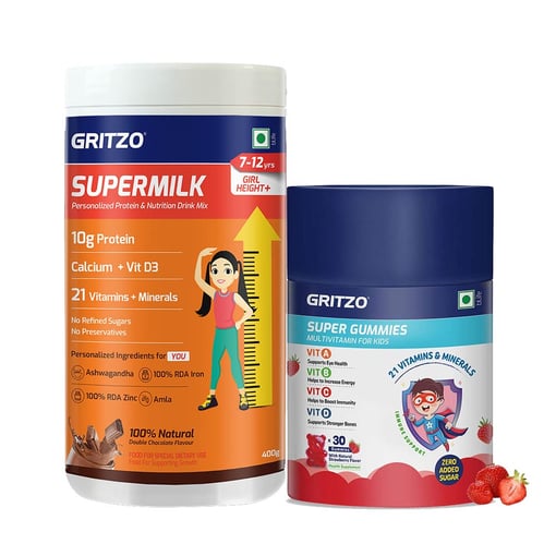 Gritzo SuperMilk Height+ for 7-12 Yrs Girls 400 g Double Chocolate & Gummies Multivitamin Combo