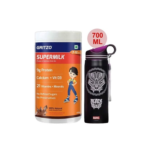Supermilk Overall Growth for Boy 7 to 12 Yrs 400g and 700ml Black Panther Sipper Combo