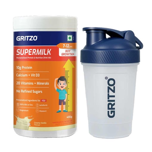 Gritzo SuperMilk Growth+ for 7-12 Yrs Boy 400 g Creamy Vanilla & Shaker Combo