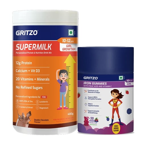 Supermilk Growth+ 400g Double Chocolate for 10 to 12 Yrs Girl & Iron Gummies Combo