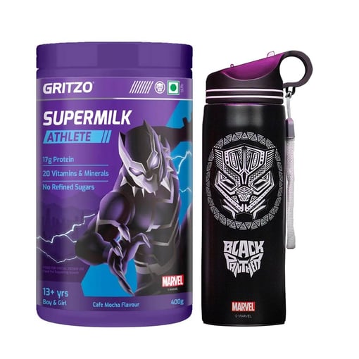 Supermilk Athlete 13+ Yrs Boy/Girl 400 g Cafe Mocha and 700ml Black Panther Sipper Combo