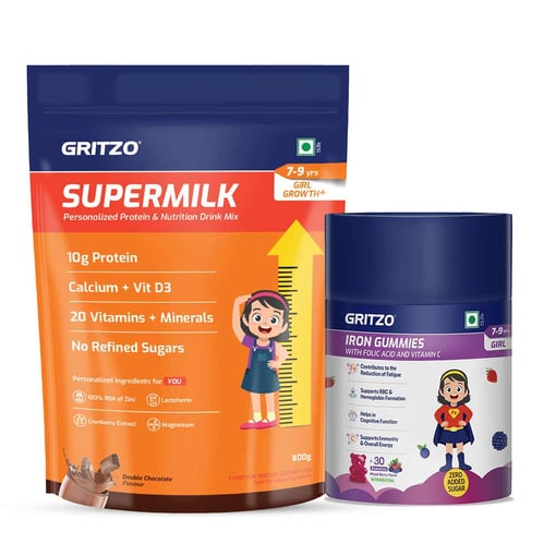 Supermilk Growth+ 800g Double Chocolate for 7 to 9 Yrs Girl & Iron Gummies Combo