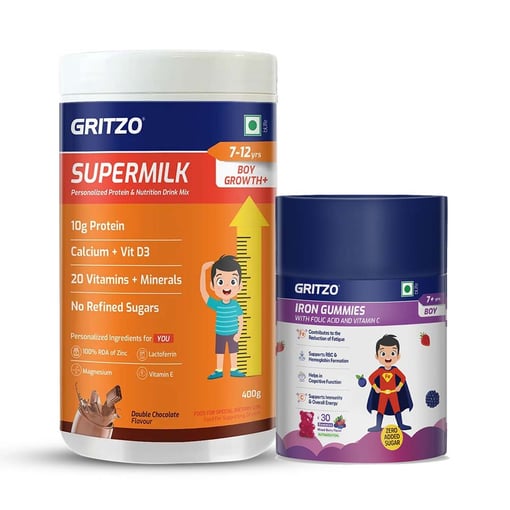 Supermilk Growth+ 400g Double Chocolate for 7 to 12 Yrs Boy & Iron Gummies Combo