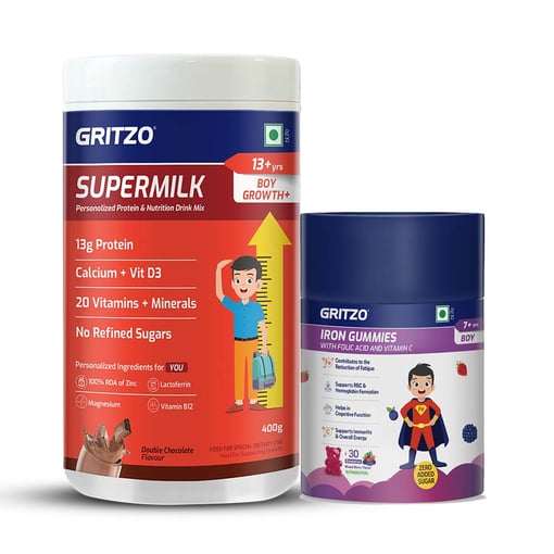 Supermilk Growth+ 400g Double Chocolate for 13+ Yrs Boy & Iron Gummies Combo