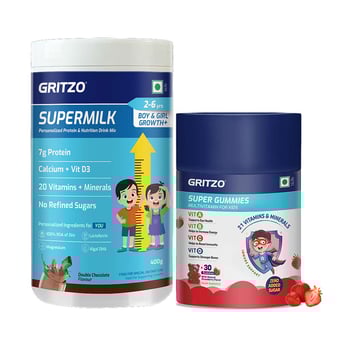 Gritzo SuperMilk Growth+ for 2-6 Yrs Boy/Girl 400 g Double Chocolate & Gummies Multivitamin Combo